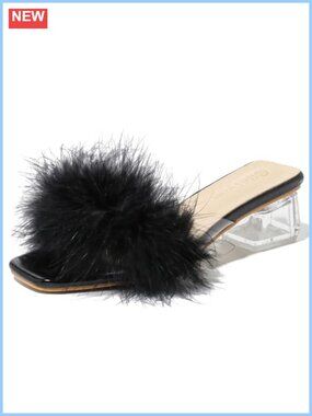 Square Toe Low Block Chunky Heel Clear Mule Sandals Faux Fur Slip On
